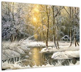 Obraz na szkle - Domek w lesie, obraz olejny (70x50 cm)