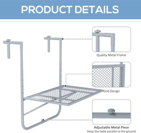 Outsunny Składany stół balkonowy, 4-stopniowo regulowany, metalowy, odporny na warunki atmosferyczne, stół balkonowy 60x40 cm szary | Aosom PL