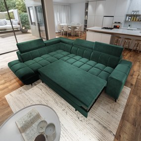 Masseno Narożnik MORIVA z funkcją spania i pojemnikiem na pościel Narozniki L, Rozkładana sofa - Zielony, MONOLITH 37
