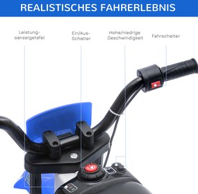 HOMCOM Motocykl Dla Dzieci, Elektryczny Motocykl, 45 Min Czas Jazdy, z Kołami Pomocniczymi, od 3 lat, niebieski+biały, 106,5 x 51,5 x 68 cm