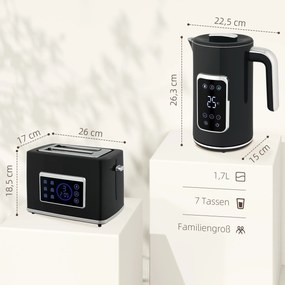 HOMCOM Zestaw czajnik i toster z ekranem dotykowym LED, 1,7 l, 2 szczeliny, różne tryby i funkcje, Czarny