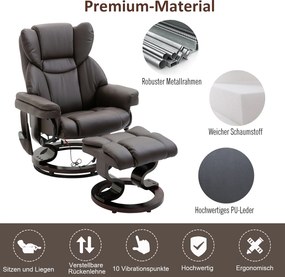 HOMCOM Fotel masujący z pufą relaksacyjny regulowany 145 stopni brązowy sztuczna skóra | Aosom PL