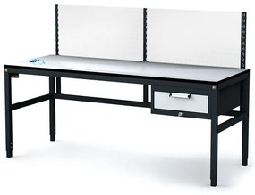 Antystatyczny stół warsztatowy ESD z panelem perforowanym, 1 skrzynka szufladowa na narzędzia, 1800 x 800 x 745-985 mm