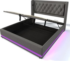 Łóżko ze schowkiem 180 x 200 cm, szara bawełna, z diodą LED i portem USB, bez materaca
