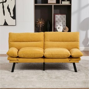 Sofa 2-osobowa z regulowanym oparciem i podłokietnikami, metalowe nogi - żółty szenil