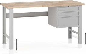 Stół warsztatowy z regulacją wysokości G7, blat bukowy, 1700 x 800 x 840-1040 mm, 1x kontener, 3x szuflada, szary