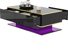 Nowoczesny stolik kawowy z połyskiem - 100 x 50 x 40 cm - z 3 szufladami + diody LED + USB - płyta wiórowa - czarny