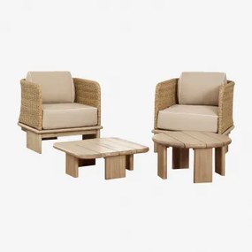 Zestaw Wypoczynkowy Z 2 Fotelami I 2 Stolikami Kawowymi Z Rattanu I Drewna Akacjowego Famara Jasny Akacjowy Brąz - Sklum