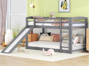 Łóżko piętrowe z sosny z barierkami przeciwupadkowymi + drabinka + zjeżdżalnia - 90x200cm - Szare