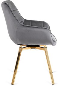 Zestaw Stół Okrągły Szklany SALLO 100 cm ze Złotymi Nogami i 4 Krzesła Tapicerowane Obrotowe do Salonu MIA Szare Welurowe