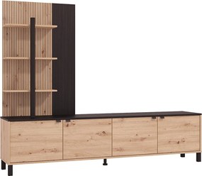 Ścianka RTV z 4 szafkami i 3 półkami - Naturalny i Czarny - NUJA