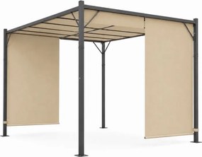 Beżowa pergola ogrodowa FG-362 z regulowanym zadaszeniem i roletami bocznymi