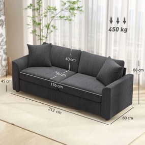 HOMCOM Sofa 3-osobowa z poduszkami ozdobnymi, sofa ze sztruksu do salonu, sypialni, szer. 212 cm, ciemnoszary | Aosom PL