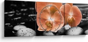 Obraz - Pomarańczowe orchidee (z zegarem) (90x30 cm)
