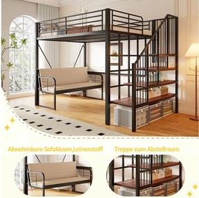Łóżko piętrowe dla dzieci - 140 x 200 cm - z wyjmowaną sofą + drabinka ze schowkiem - rama metalowa - kolor czarny