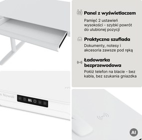 Biurko elektryczne sit-stand z szufladą i ładowarką bezprzewodową Qi białe, 1200 mm: ELLIS