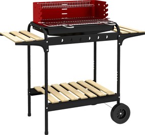 Outsunny Grill węglowy z metalu BBQ Smoker na kółkach, ruszt regulowany na wysokość, drewniana półka 103x47x95 cm Czerwony