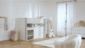 Łóżko na antresoli 90 x 200 cm - Z biurkiem i ze skrzynią  - Biały i naturalny + Materac - LOUKALA