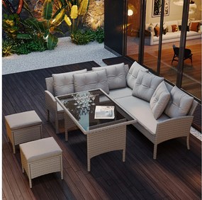 Zestaw mebli ogrodowych modułowych 7-osobowych z rattanu PE: 1 narożnik 5-osobowy + 2 fotele + 1 stół prostokątny - Khaki