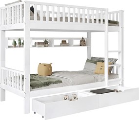 Drewniane łóżko piętrowe - 90x200 cm - z 2 szufladami i półkami - Białe