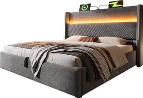 Łóżko hydrauliczne ze schowkiem i zagłówkiem + diody LED i porty USB/Type-C - 140 x 200 cm - len - szare (z materacem)