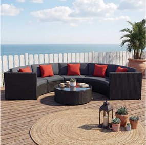 Zestaw z polirattanowym wykończeniem MCW-E17 okrągły,  czarny, tapicerka ciemnoszara, poduszki terakotowe