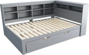 Łóżko banquette 140x200 cm z łóżkiem wysuwanym 90x190 cm - z USB i wieloma schowkami - z litego drewna - Szary