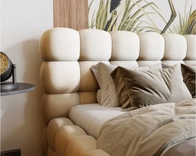 Emporius Parlas Bis łóżko 140x200 z pojemnikiem, łóżko tapicerowane do sypialni - gruba pianka, stelaż, tkanina aksamitna, wanilia (Amor Velvet 4323)