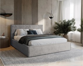 BESILIO Tapicerowane łóżko do sypialni 140x200 Zanzi - stelaż metalowy, pojemnik, ozdobna lamówka, tkanina szenil- Szary