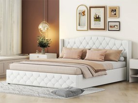 Łóżko z materacem na stelażu - tkanina lniana - 180x200cm - białe