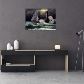 Obraz - Statek płynący przez wzburzone fale (70x50 cm)