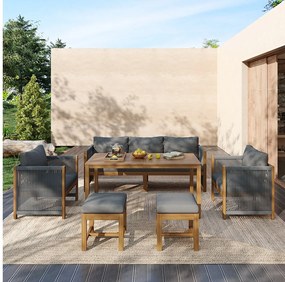 Zestaw mebli ogrodowych modułowy ocynkowany stalowy dla 7 osób - sofa 3-osobowa i 2 sofy pojedyncze + stolik kawowy i 2 hokery - szary