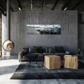 Obraz - Drewniane łodzie na jeziorze (170x50 cm)