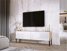Szafka RTV: Dąb Wotan / Biały Połysk, nogi czarne, 140 x 52 x 32 cm