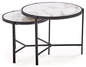 FATIMA Zestaw 2 ław Stolik kawowy Biały marmur Czarny Okrągłe fi 63 i 48 cm