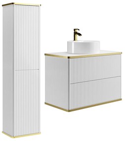 Podwieszana szafka łazienkowa prążkowana z okrągłą umywalką nablatową i kolumną - Biała - 80 cm - KELIZA