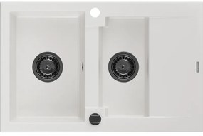 Mexen Gaspar zlewozmywak granitowy 1,5-komorowy z ociekaczem 737 x 475 mm, biały, syfon czarny - 6507731505-20-B