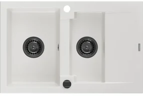 Mexen Gaspar zlewozmywak granitowy 1,5-komorowy z ociekaczem 737 x 475 mm, biały, syfon czarny - 6507731505-20-B