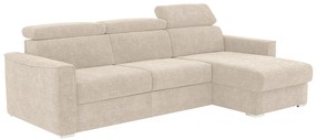 Kanapa narożna dwustronna rozkładana w tkaninie typu szenil w beżowym kolorze – Powierzchnia spania z szerokimi listwami 140 cm – Materac 22 cm z pianki memory VIZIR.