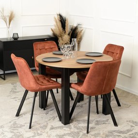 Zestaw Stół Okrągły Rozkładany HARRY 102-142 cm Dąb Craft/Czarny i 4 Krzesła Tapicerowane RICK Rude Nowoczesne