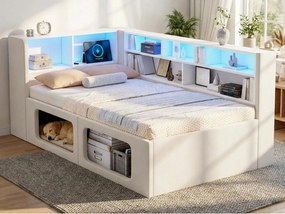 Pikowana kanapa rozkładana 90x200 cm - z niszami dla zwierząt - LED, port USB i przegródki do przechowywania - Welur - Beżowy