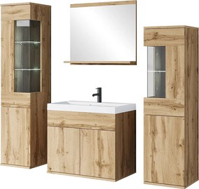 Zestaw wiszący z umywalką, lustrem i szklanymi elementami, dąb wotan