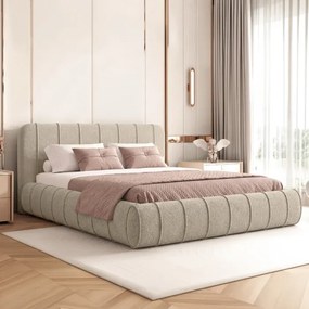 Łóżko Tapicerowane Slim 140x200 cm DAVEN z Pojemnikiem Beżowe Boucle Glamour