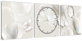 Obraz - Tulipany między bąbelkami (z zegarem) (90x30 cm)