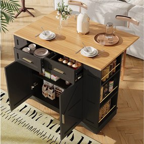 Wyspa kuchenna na kółkach - 120 x 65 x 90 cm - wózek z wysuwanymi elementami - 2 drzwi + 2 szuflady - MDF - czarny