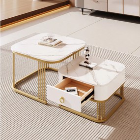 Sztaplowany stolik kawowy z jedną szufladą, marmurowym blatem z płyty MDF, metalową ramą