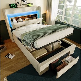 Łóżko tapicerowane hydrauliczne ze schowkiem - 90 x 200 cm - ze schowkiem na pościel w zagłówku + diody LED + USB + szuflada - len - beż