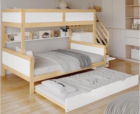 Łóżko piętrowe 90x200cm + 120x200cm + łóżko wysuwane 90x190cm - z półkami, szafą i schodami do przechowywania - z drewna sosnowego i MDF - Białe i Naturalne