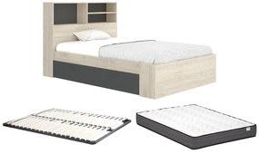 Łóżko 120 x 190 cm ze skrzynią - Kolor: Naturalny i antracytowy + Stelaż + Materac - VARDIEL