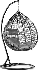 Czarne wiszące krzesło KOKON ze stojakiem, szara poduszka